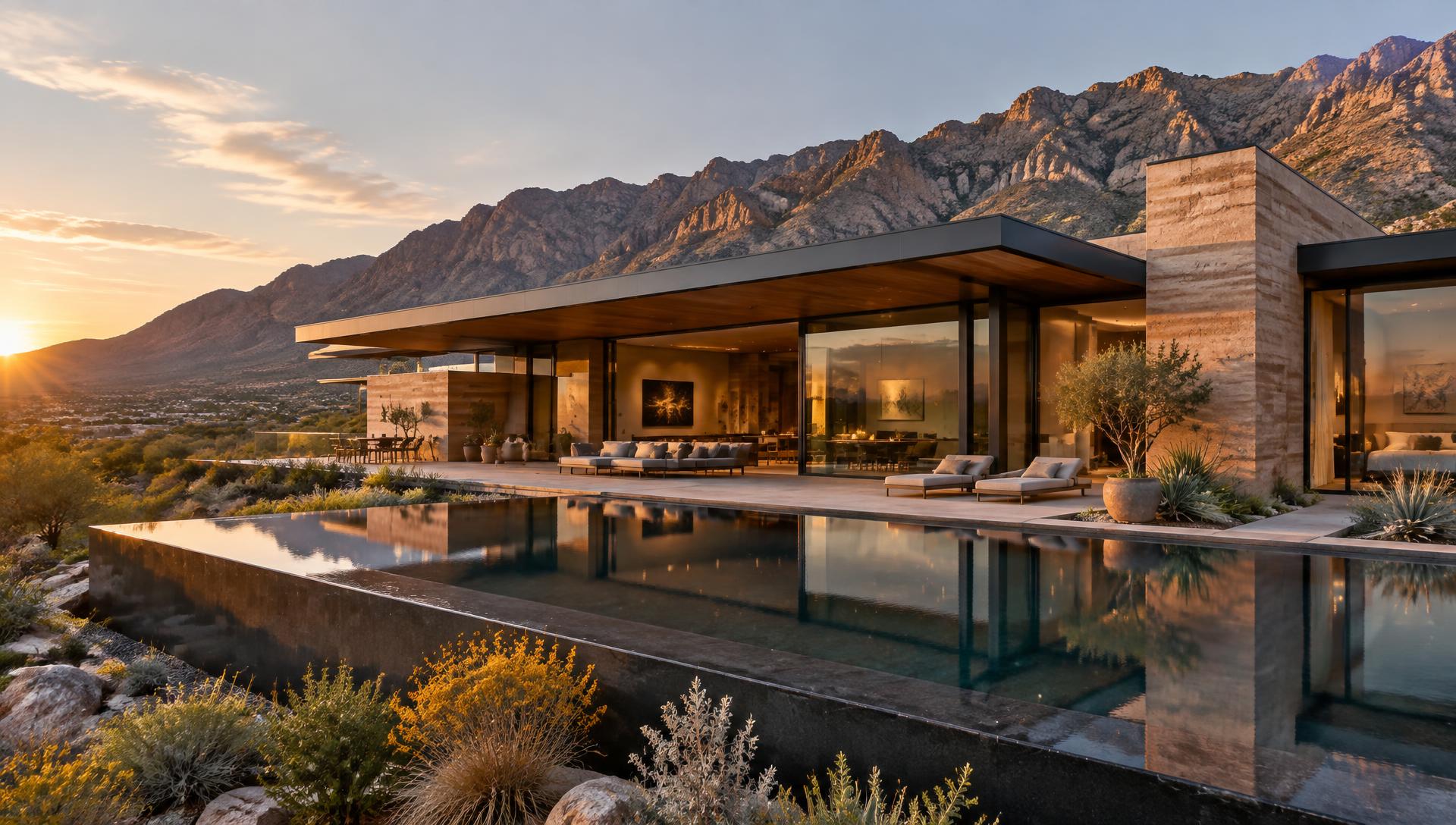 Infinity pool reflecting a contemporary residence beneath the Sandia Mountains