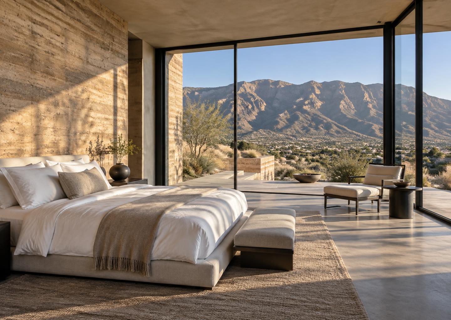 Natural rammed earth and low-E panoramic glass in the mountain-facing primary suite
